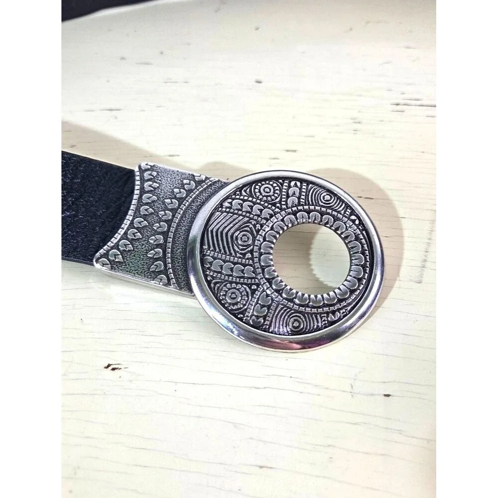 Chico’s Black Leather Belt Silver Tone Boho Hippie Round Buckle Women S/M